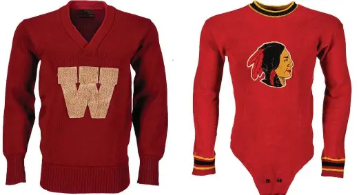  ?? COURTESY OF HERITAGE AUCTIONS ?? A Washington State letterman’s sweater and 1933 Boston Redskins jersey that once belonged to George Hurley are up for auction this month. In 1937, citing poor attendance, the team moved to Washington, D.C., where it kept the Redskins name and a similar logo until the name was retired last July.