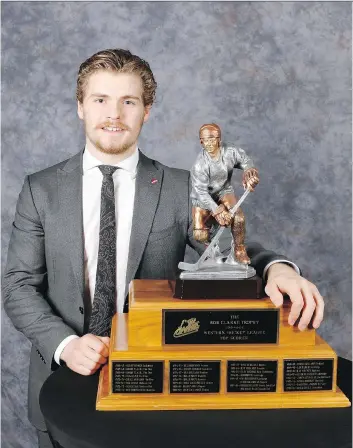  ?? TAYLOR ROCCA/WESTERN HOCKEY LEAGUE. ?? Sam Steel of the Regina Pats won the Four Broncos Memorial Trophy — awarded to the WHL’s player of the year — as well as the Bob Clark Trophy as the WHL’s top scorer.