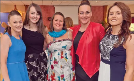  ??  ?? Mo Dowling, Aoife McGrath, Lindsey Madge, Annemarie Burke and Kellie Fennel enjoying their night out at the Rathdrum RFC dinner dance.