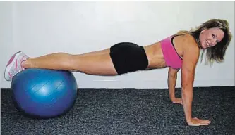  ?? NEW YORK TIMES NEWS SERVICE PHOTOS ?? When starting stability ball knee tucks, maintain a rigid torso and do not allow sagging of the low back. Engage the abdominals throughout the repetition.