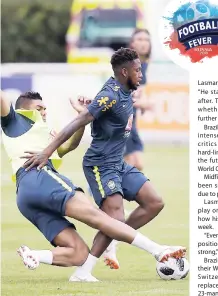  ??  ?? Brazil’s Fred (right) injures his right ankle from a tackle from Casemiro, which led him to walk off the pitch and receive treatment and then watch from the sidelines during a squad training session at Tottenham Hotspur football club yesterday.