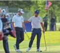  ?? ANDREW WEVERS/USA TODAY SPORTS ?? Xander Schauffele, right, and Patrick Cantlay react on the 17th green during the first round of the Zurich Classic of New Orleans Thursday in Avondale, La.