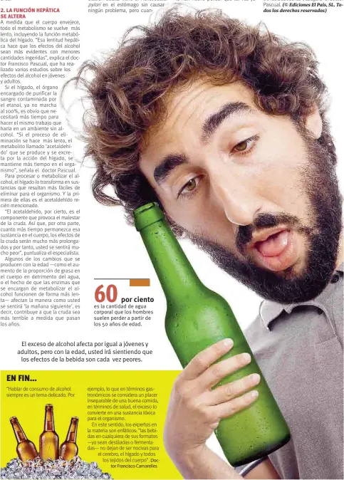  ??  ?? El exceso de alcohol afecta por igual a jóvenes y adultos, pero con la edad, usted irá sientiendo que los efectos de la bebida son cada vez peores.