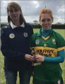  ??  ?? Patrice Diggin receiving her award for player of the match from secretary Munster Camogie Bridget Stanley.