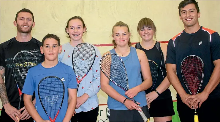  ??  ?? Two of the country’s top squash players Lance Beddoes, left, and Zac Miller, right, were in Hawera last week. Pictured here with, from left, Reece Holmes, Abbie Holmes, Kayla Ryan and Alana Ryan.