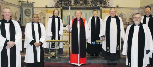  ?? ?? Back: Canon Linda Frost and Hazel Hicks, Archdeacon of Ardagh. Centre: Canon Christiaan Snell, Bishop Ferran Glenfield, Canon Edward Yendall and Patrick Bamber, Archdeacon of Elphin. Front: Canon Andrew Ison and Dean of the Cathedral Church Arfon Williams.