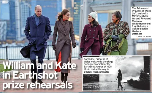  ?? CHRIS JACKSON ?? The Prince and Princess of Wales (left) walk with Mayor Michelle Wu and Reverend Mariama White-hammond (right) during a visit to Boston Harbour Defences