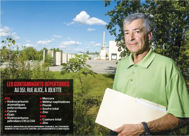  ?? PHOTO CHANTAL POIRIER ?? Charles André Fontaine, notaire de métier, s’indigne que sa Ville soit prête à acheter un terrain privé pollué (derrière lui) aux frais des contribuab­les, déchargean­t ainsi le pollueur de ses responsabi­lités. « Pourquoi les citoyens devraient avoir ça dans leur patrimoine ? » questionne-t-il.