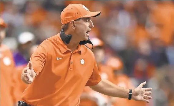  ?? RICH BARNES/USA TODAY SPORTS ?? Coach Dabo Swinney has led Clemson to 100 wins over the last nine-plus seasons and goes for his fourth Atlantic Coast Conference title on Dec. 2 against Miami (Fla.).