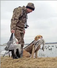  ??  ?? Mike Checkett praises his Lab Elvis for a nice snow-goose retrieve near Stuttgart. More and more hunters are pursuing geese in east Arkansas each year.