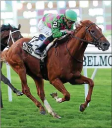  ?? PHOTO CHELSEA DURAND/NYRA ?? Therapist, with Irad Ortiz, Jr. aboard races to the wire in the Oct. 28, 2017 Awad Stakes at Belmont Park.