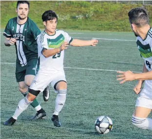  ?? JASON MALLOY/THE GUARDIAN ?? Nathan Chow, centre, practises with the UPEI Panthers earlier this month.