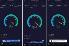  ??  ?? My Wi-fi 6 Pixel 4 (left) got excellent speeds both near the router and far away on the porch (right), but it can’t compete with the Wi-fi 6-enabled Galaxy S10 (center).