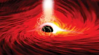  ?? DAN WILKINS ?? A black hole sits in the middle of a swirling maelstrom of hot gas (red) in this artist’s concept. In 2021, researcher­s captured X-ray light, shown in white, reflected off gas on the farside of a black hole. The black hole’s extreme gravity had warped space-time around it, bending the X-rays around itself and into our line of sight.