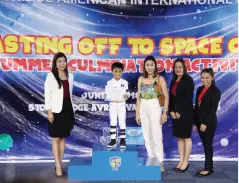  ??  ?? ROCKET Reader Austin Liam Yeung with his mother, Nina Nicole Hao Bian, Edina Libres and adviser Queen Anna Marie Macabodbod