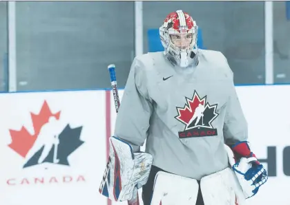  ?? NATHAN DENETTE/THE CANADIAN PRESS ?? Goaltender Olivier Rodrigue is a better-known Hockey Canada entity, but has had an up-and-down half-season in Moncton. Coach Dale Hunter has a history of quick hooks if a stopper struggles early.