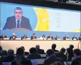  ??  ?? IOC President Thomas Bach is seen on a giant screen during an IOC meeting prior the Pyeongchan­g 2018 Winter Olympic Games on Tuesday.
