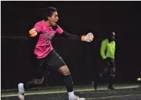  ?? KYLE FRANKO — TRENTONIAN PHOTO ?? Pennington goalkeeper Rafa Ponce De Leon (0) reacts after saving a penalty kick in the shootout against Notre Dame during the Mercer County Tournament final on Thursday night at Ackerson Field.