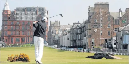  ??  ?? A golfer tees off on the 18th hole of the Old Course in St Andrews with Rusacks Hotel on the right, and, below, an artist’s impression of how the proposed hotel extension would look.