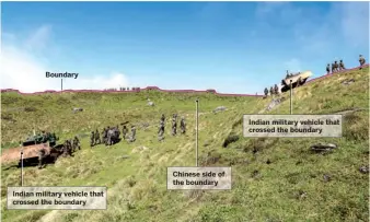  ?? PROVIDED TO CHINA DAILY ?? Boundary Indian military vehicle that crossed the boundary Chinese side of the boundary Indian military vehicle that crossed the boundary A Foreign Ministry photo released on Wednesday shows Indian troops encroachin­g on Chinese territory.