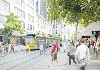  ?? Illustrati­on / Auckland Transport ?? An artist’s impression of light rail on Queen Street in central Auckland.