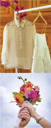  ??  ?? The groom's barong and the bride's reception dress. The bride designed four looks for the day, each one a reflection of her personal style The bride getting ready at home before the ceremony A spontaneou­s shot with the bouquet
The groom minutes before the bride walked down the aisle