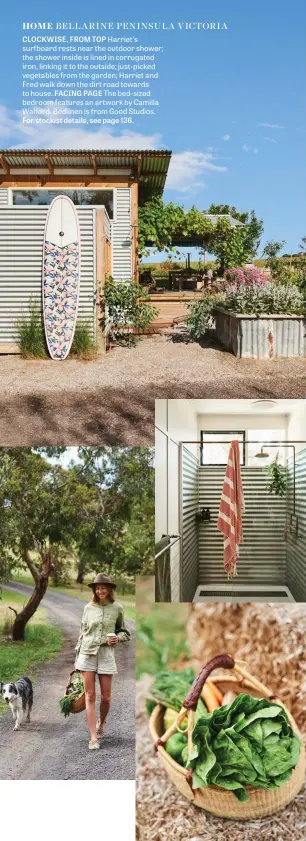  ??  ?? CLOCKWISE, FROM TOP Harriet’s surfboard rests near the outdoor shower; the shower inside is lined in corrugated iron, linking it to the outside; just-picked vegetables from the garden; Harriet and Fred walk down the dirt road towards to house. FACING PAGE The bed-sized bedroom features an artwork by Camilla Walford. Bedlinen is from Good Studios. For stockist details, see page 136.