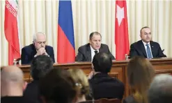  ??  ?? MOSCOW: (From left) Iranian Foreign Minister Mohammad Javad Zarif, Russian Foreign Minister Sergei Lavrov and Turkish Foreign Minister Mevlut Cavusoglu attend a press conference yesterday. — AFP