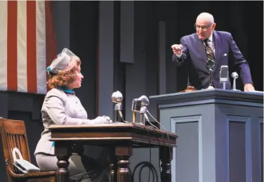 ?? Kevin Berne / TheatreWor­ks ?? Robert Sicular portrays Rep. Francis E. Walter interrogat­ing Natalie Meltzer, played by Donna Vivino, in “Finks,” Joe Gilford’s play about his parents and the McCarthy-era, anti-communist blacklist.