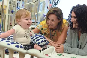  ?? PAT ROGERS / CHILDREN'S HOSPITAL OF WISCONSIN ?? Two of Jax Schmalzrie­dt’s doctors at Children’s Hospital of Wisconsin, Tara Petersen (left) and Jennifer Henningfel­d, enjoy the boy’s company on the 561st and final day of his hospital stay.