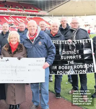  ??  ?? Lady Elsie with Kevin and Alison Atkinson and other members of Sid’s Tours at the Stadium of Light