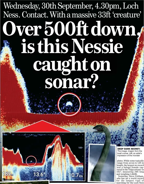  ??  ?? DEEP DARK SECRET: The image, ringed, from the boat’s sonar. Left, an artist’s impresson of the monster