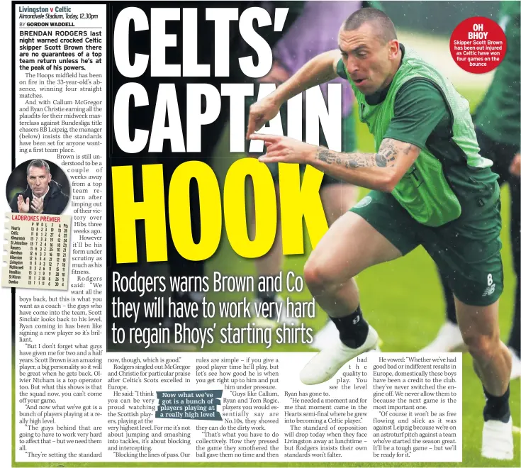  ??  ?? OH BHOY Skipper Scott Brown has been out injured as Celtic have won four games on the bounce