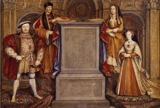  ??  ?? A watercolou­r version of a mural showing Henry VIII (front left) with his father, Henry VII, his wife Jane Seymour (front right) and his mother, Elizabeth of York. The mural, which aimed to validate Henry’s right to the throne, adorned Whitehall Palace before being destroyed by fire