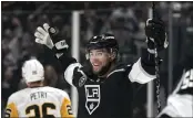  ?? MARK J. TERRILL — THE ASSOCIATED PRESS ?? Adrian Kempe celebrates after scoring one of his four goals Saturday in the Kings’ 6-0victory over the Penguins.