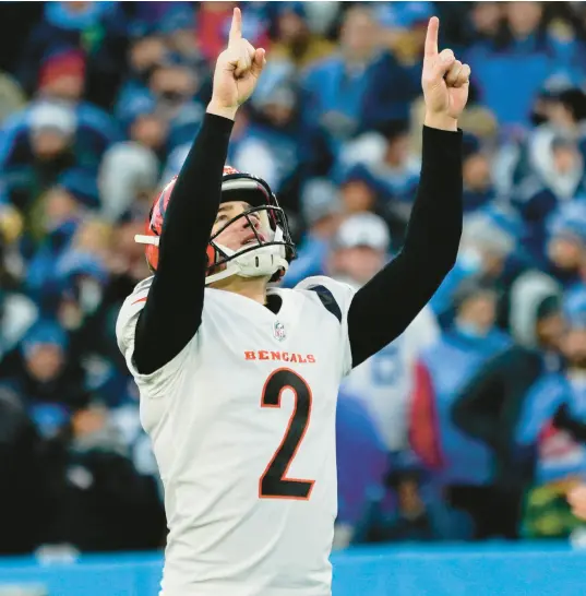  ?? MARK HUMPHREY/AP ?? Bengals kicker Evan McPherson hit a 52-yard field goal as time expired to win Saturday’s playoff game against the Titans.