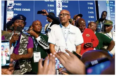  ??  ?? Not happy: Leaders of various political parties giving a press conference as they stage a protest at the Independen­t Electoral Commission Results Centre in Pretoria, South Africa. — AFP