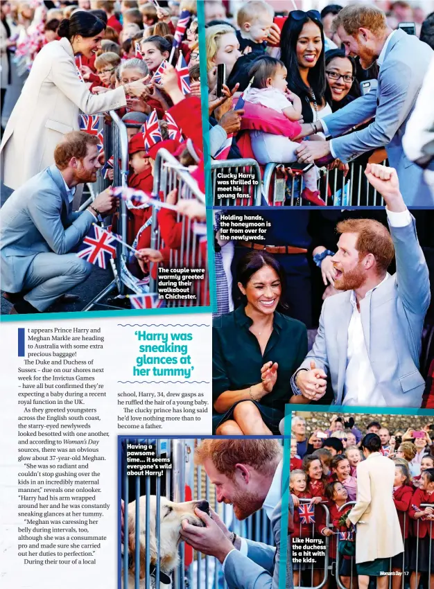  ??  ?? The couple were warmly greeted during their walkabout in Chichester. Clucky Harry was thrilled to meet his young fans. Holding hands, the honeymoon is far from over for the newlyweds. Having a pawsome time... it seems everyone’s wild about Harry! Like Harry, the duchess is a hit with the kids.