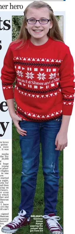  ??  ?? delight: Dubliner Aimee Keogh wearing the jumper she got from Ed