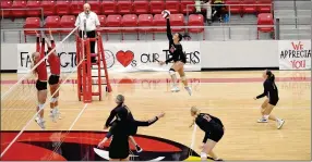  ?? Enterprise-Leader/MARK HUMPHREY ?? Gravette junior Keeley Elsea blasts a hit against Farmington. The Lady Lions suffered a three-set loss, 25-16, 25-19, 25-19, at Cardinal Arena on Tuesday, Sept. 20.