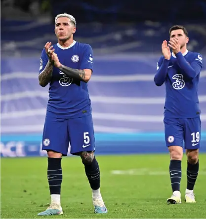  ?? AFP ?? Chelsea’s record signing Enzo Fernandez, left, after the Champions League quarter-final first-leg defeat in Madrid