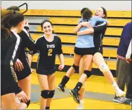  ?? Christian Abraham / Hearst Connecticu­t Media ?? Trumbull’s Krystina Schueler and Rachel Hage, right, celebrate after defeating Westhill in the FCIAC girls volleyball championsh­ip at Ludlowe High School in Fairfield on Saturday.