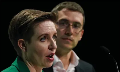  ?? Photograph: Ian Forsyth/Getty Images ?? Carla Denyer and Adrian Ramsay, co-leaders of the Green party, give a speech during the party’s conference in Harrogate on Friday.