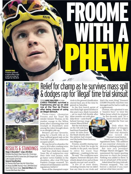  ??  ?? WORRYING Froome suffered a scare after a big crash on a day to forget for the Brit