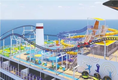  ?? CARNIVAL CRUISE LINES ?? Bolt, the new roller-coaster on Carnival Cruise Line's upcoming megaship Mardi Gras, will be 187 feet above the sea.
Carnival is planning an April debut but that target may be a pipe dream during the COVID-19 pandemic.