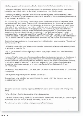  ??  ?? In this passage from an essay titled “Me,” among the documents seized by the state police at the home of Adam Lanza, Lanza appears to be addressing a person he considers a close friend or potential partner.