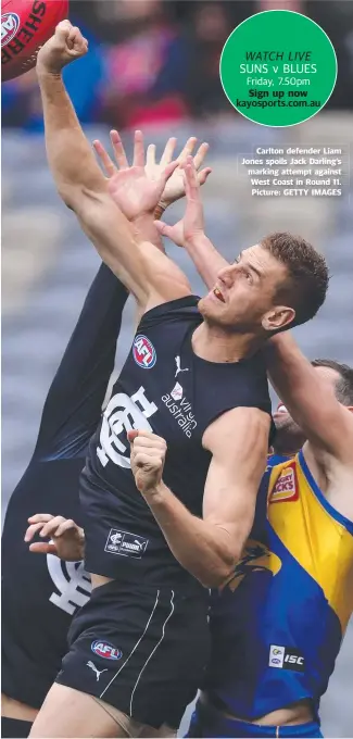  ?? Picture: GETTY IMAGES ?? Carlton defender Liam Jones spoils Jack Darling’s marking attempt against West Coast in Round 11.