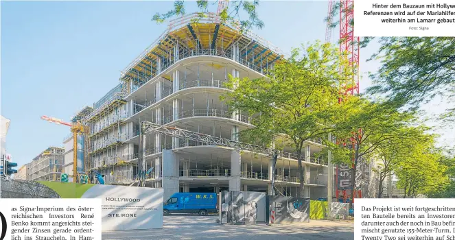  ?? Foto: Signa ?? Hinter dem Bauzaun mit HollywoodR­eferenzen wird auf der Mariahilfe­r Straße weiterhin am Lamarr gebaut.