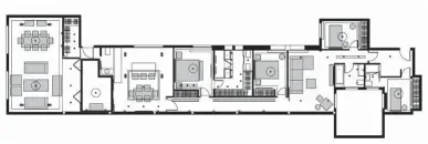  ??  ?? Planta de la vivienda Se aprovechó la altura de los techos con sus bellas molduras y se optimizó la luz natural con amplias
puertas correderas de perfilería metálica y grandes cristales, logrando
amplitud visual y calidez.