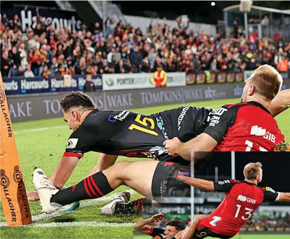  ?? Photo: Stuff ?? Chiefs fullback Shaun Stevenson scores a try against Crusaders at the FMG Stadium Waikato in Hamilton on April 29, 2023. (Inset: Crusaders centre Braydon Enor (13) loses the ball at the FMG Stadium Waikato in Hamilton on April 29, 2023).